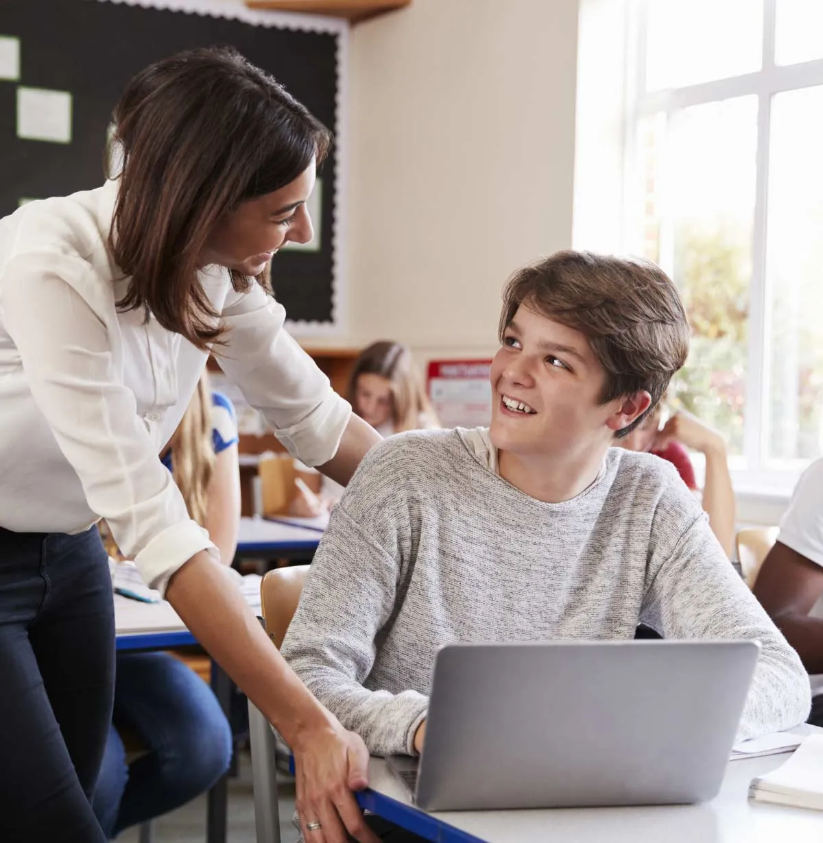 Significant repeatable results young male student smiling with teacher